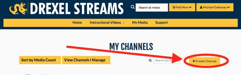 Create Channel button on My Channels page in Drexel Streams.png
