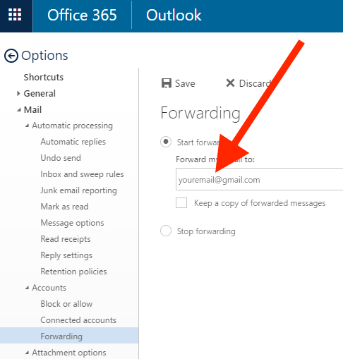 Email address entered into Forwarding page under Settings in web Office 365 Outlook.png