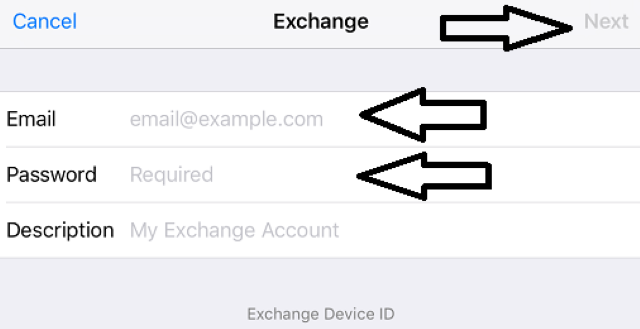 Email and Password fields for adding Exchange account in Mail in iOS (Custom).png
