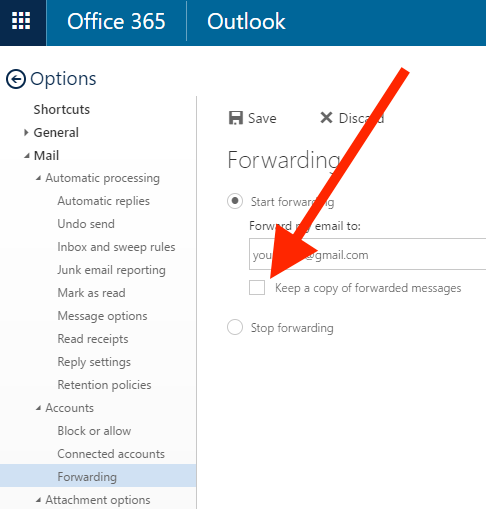 Keep a copy of forwarded messages checkbox on Forwardin page under Settings in web Office 365 Outloook.png