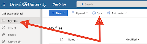 OneDrive shared on local disk 6 - speed up sync - click My files then Sync.png