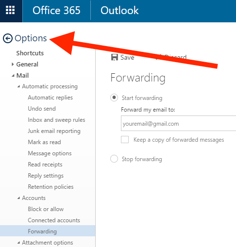 Options link in Settings for web Office 365 Outlook.png