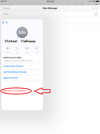 Remove from Recents link for autofill drop-down in email in iOS Mail app
