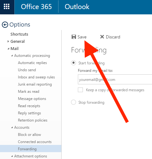 Save disk icon on Forwarding page under Settings in web Office 365 Outlook.png