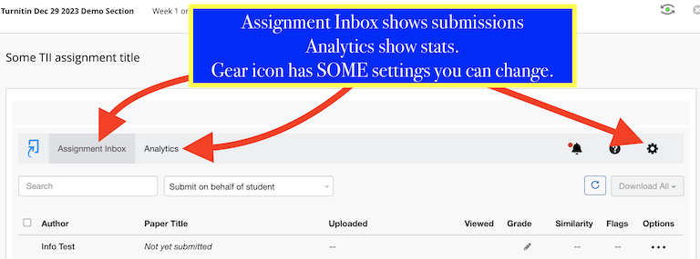 Turnitin 2024 step 4 - Assignment Inbox - Analytics - gear icon