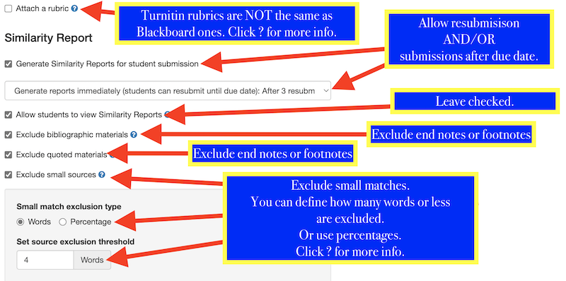 Turnitin Optional Settings 3 - rubric and similarity report options