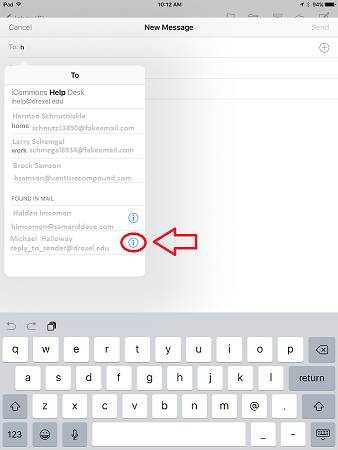info icon in autofill drop-down in email in iOS Mail app