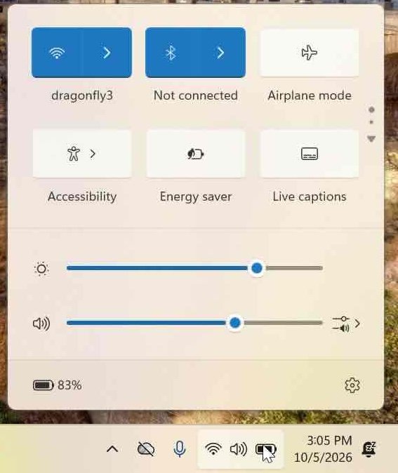 Quick settings in Windows taskbar, denoted by the wifi, speaker, and battery icons