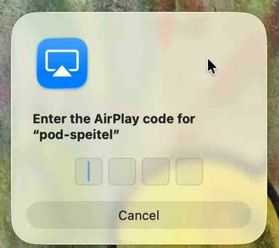 The AirPlay code window has 4 text boxes to enter the code into