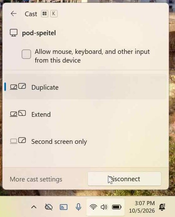 Use the Cast menu to Disconnect or change the way you're sharing to the wireless display