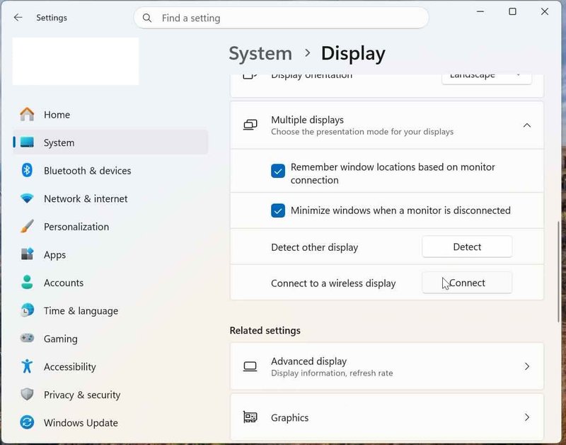 Expand the Multiple Displays menu in the Settings app to find the option to connect to a wireless display