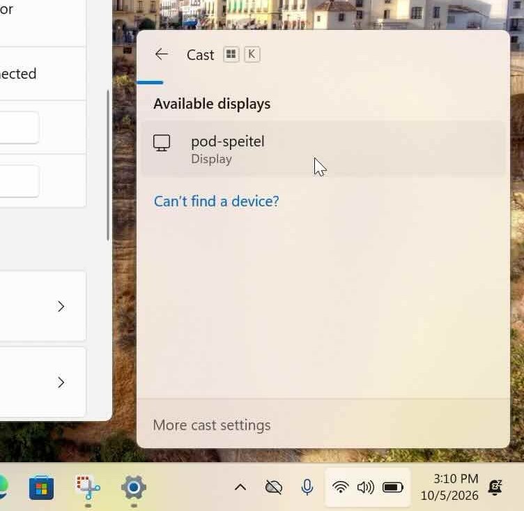 The Cast panel should open up, giving you a list of screens you can connect to. Choose pod-speitel as the destination.