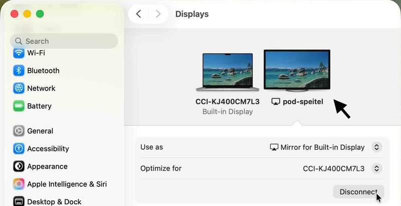 System Settings also has options for disconnecting from a wireless display or changing what you're sharing.