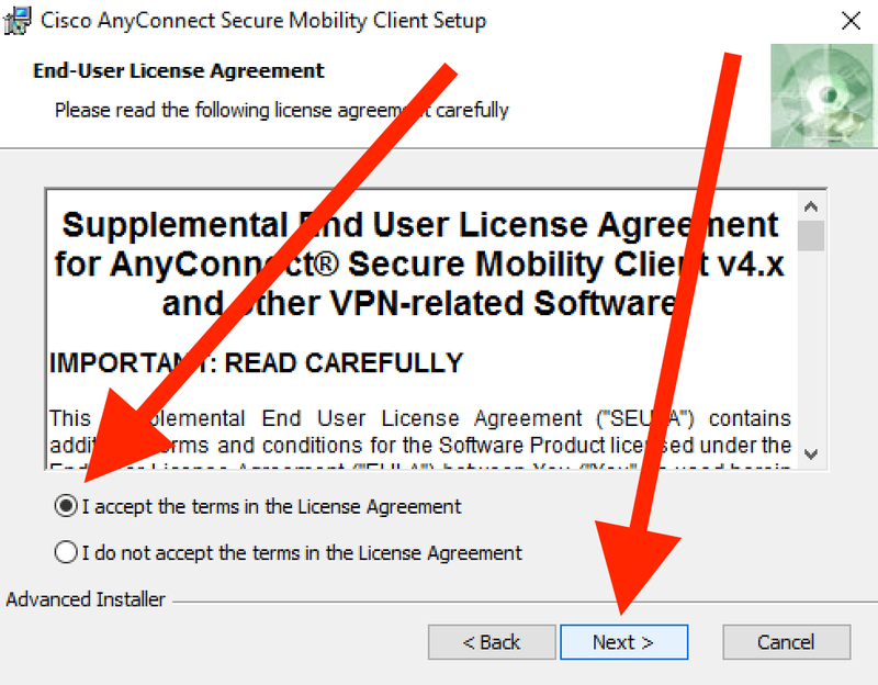 Accept License and click Next in Cisco AnyConnect Setup window in Win 10.png