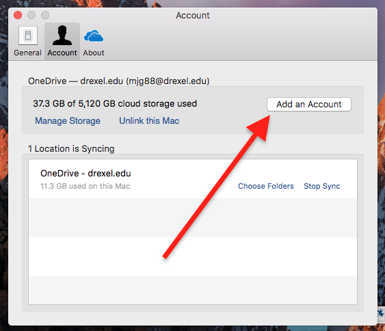 Add an Account button in Account tab in OneDrive settings on a Mac.png