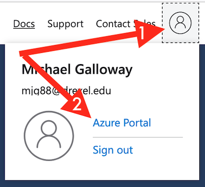 Azure Dev Tools - click person icon in upper right then Azure Portal.png