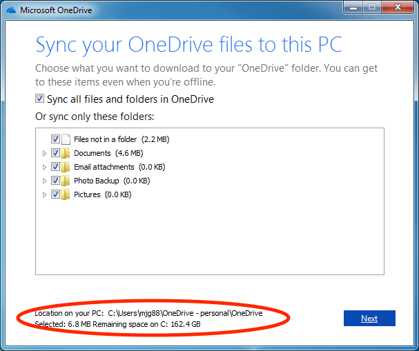 Choose folder and files in Sync your OneDrive files to this PC window in Windows 10.png