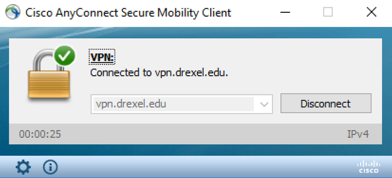 Cisco AnyConnect VPN client window with vpn dot drexel dot edu connected.png
