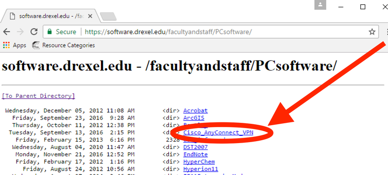Cisco AnyConnect VPN link on software drexel edu website on Windows 10.png