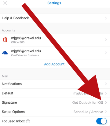 Click Get Outlook for iOS or arrow in Signature row in Outlook for iPad (Custom).png