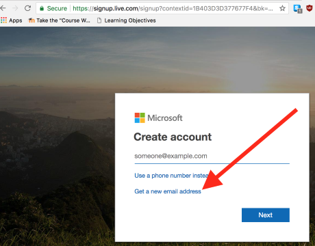 Click Get a new email address on Microsoft Create account webpage (Custom).png