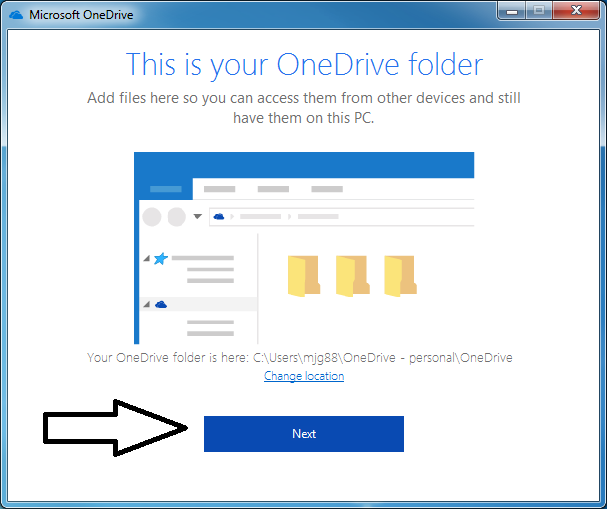 Click Next after folder location set in This is your OneDrive folder window in Windows 10.png