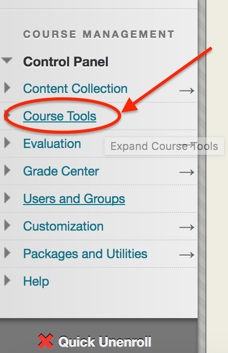 Course Tools link in left-hand course menu under Control Panel in Bb Learn course shell.png