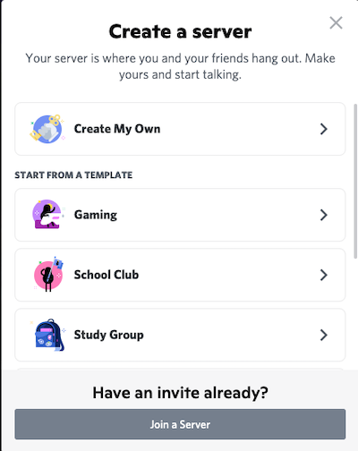 Discord Create a Server options after clicking Add a server plus sign in left nav.png