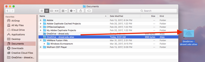 Drag and drop new alias Drexel OneDrive folder to Mac desktop.png