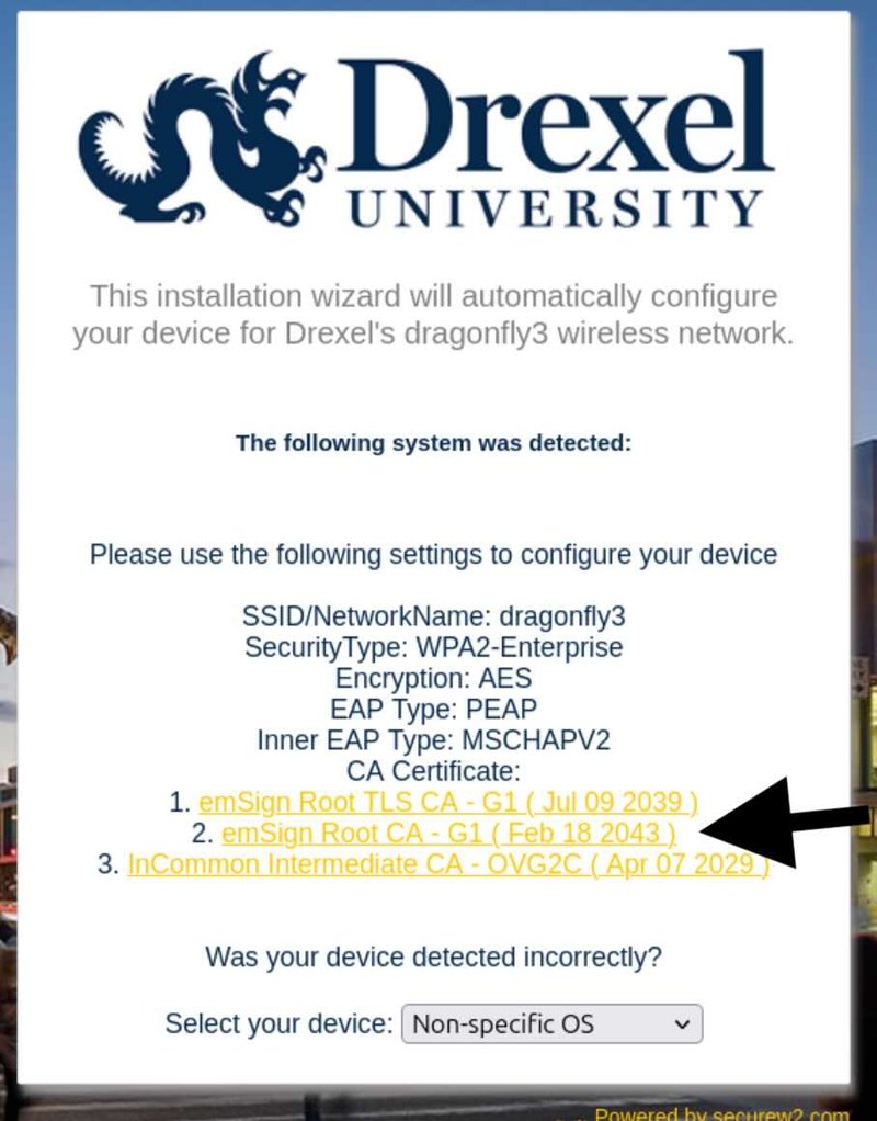 Download the file "EmSign Root CA - G1 for WiFI" - this is the certificate you need for Draonfly3.