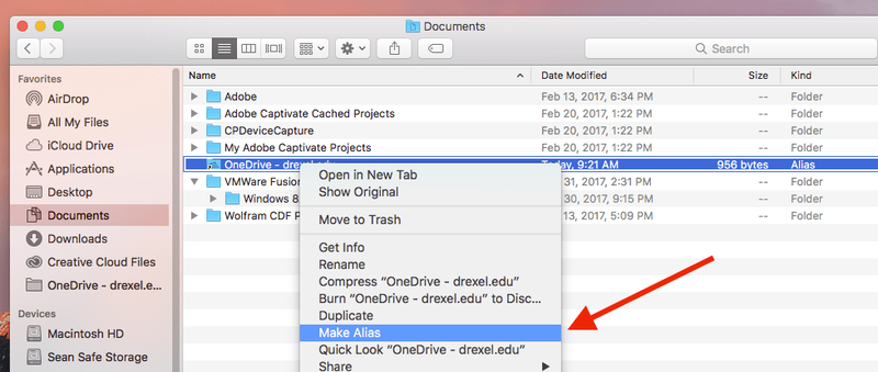 Make Alias option after right-clicking Drexel OneDrive folder on Mac.png