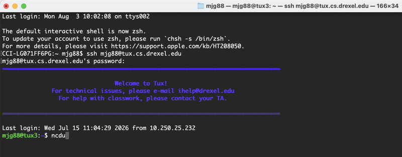 Type ncdu at the prompt after logging into Tux.