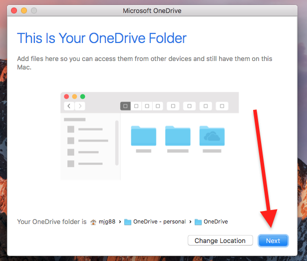 Next button after folder selected in This is Your OneDrive Folder pop-up window on a Mac.png