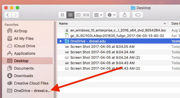 OneDrive drexel folder under Favorites in Finder window on Mac.png