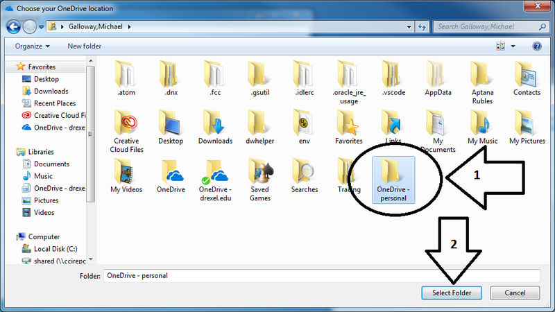 OneDrive personal folder in Choose your OneDrive location window in Windows 10.png