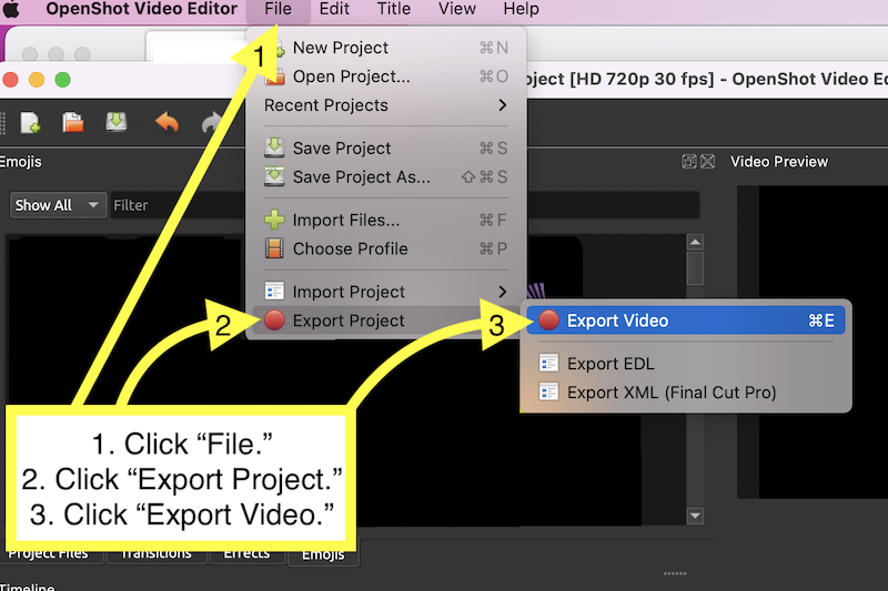 OpenShot 13 - file - export project - export video