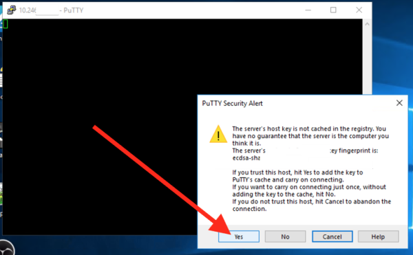 PuTTY - Click Yes in Security Alert box - first time only.png