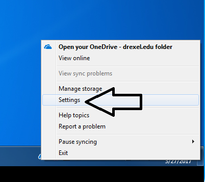 Right-click OneDrive in System Tray and click Settings in Windows 10.png