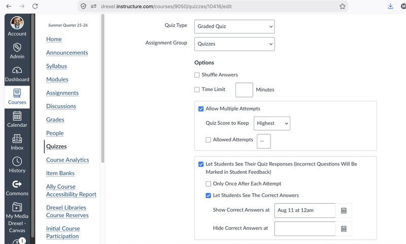 Canvas quiz settings