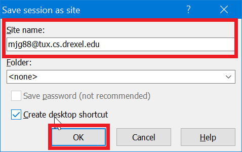WinSCP set-up 3 - enter site name with username and at in front - click create desktop shortcut