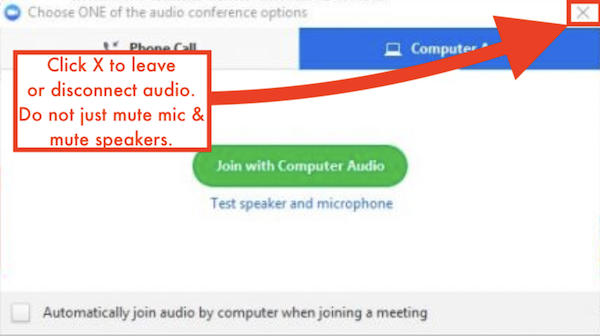 Zoom Leave Computer Audio 1 - at start of meeting in Windows