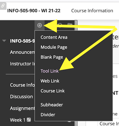 plus sign and Tool Link in top of left-hand nav menu in Bb Learn course section.png