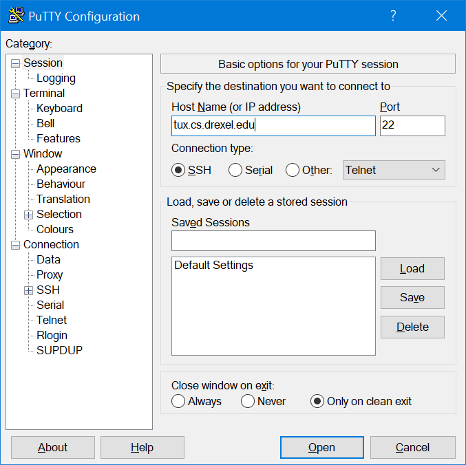 putty config 1 - type in host name for tux - click save