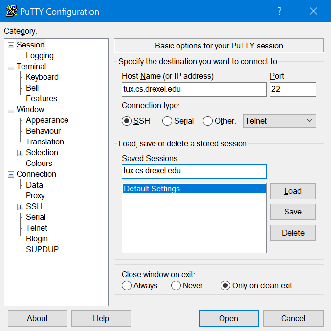 putty config 1b - type in tux host in saved session - cick Save