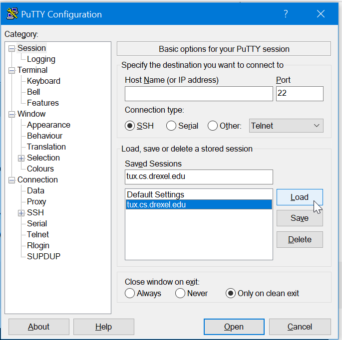 putty config 2a - click tux in saved sessions - click load