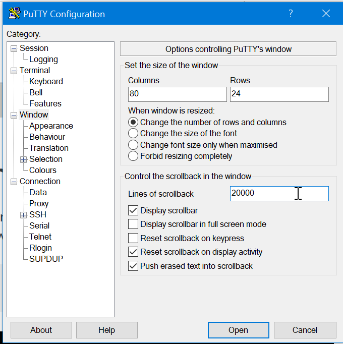 putty config 4a - display taller window and scrollable output lines - change row and scrollback lines number