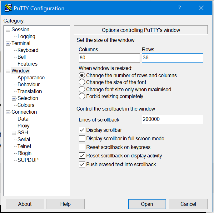 putty config 4b - display taller window and scrollable output lines - change row and scrollback lines number