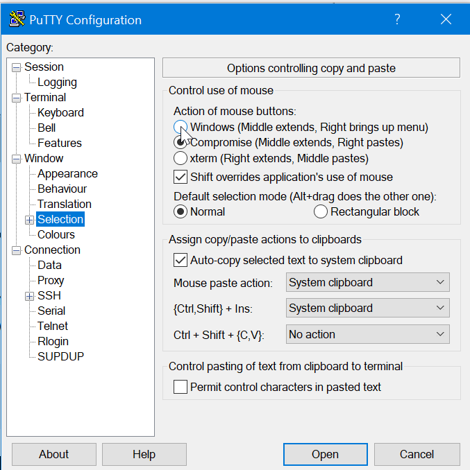 putty config 5a - change right-click from paste to open content menu