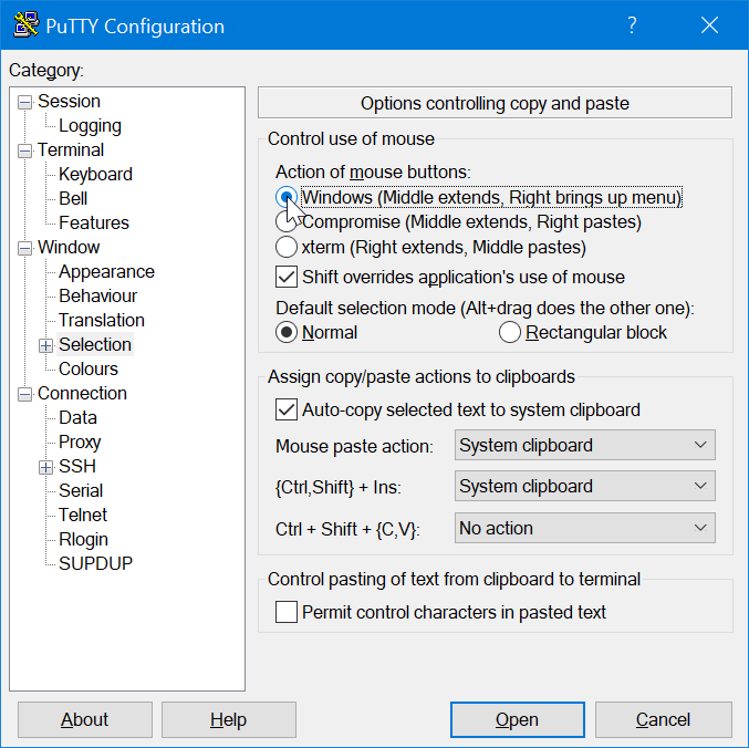 putty config 5b - change right-click from paste to open content menu